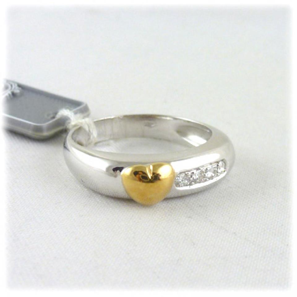 Anello veretta in oro bianco e cuore giallo 18 kt e diamanti