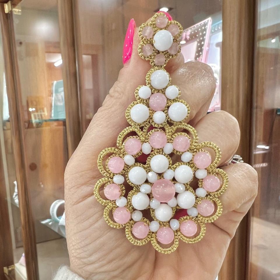 ORECCHINI IN PIZZO CHIACCHIERINO SICILIANO ORIGINALE QUARZO ROSA ED AGATA BIANCA