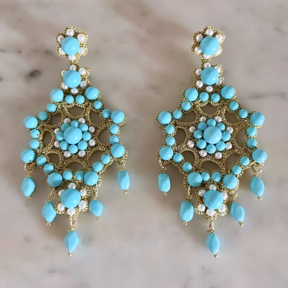 ORECCHINI IN PIZZO CHIACCHIERINO SICILIANO ORIGINALE PASTA DI TURCHESE E PERLE