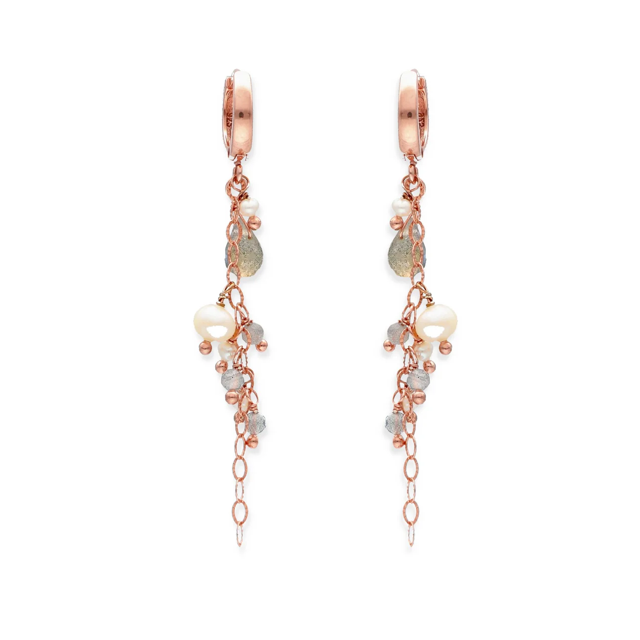 Orecchini Ishwara cerchi scattino con Labradorite, Pietre di Luna e Perle Naturali