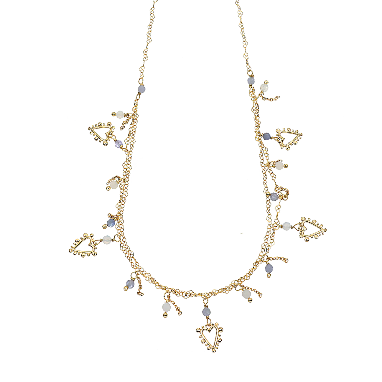 Collana Ishwara 3 cuori pendenti con Tanzaniti e Calcedoni
