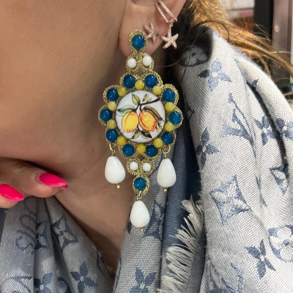 ORECCHINI IN PIZZO CHIACCHIERINO SICILIANO ORIGINALE CERAMICA AGATA BIANCA E BLU