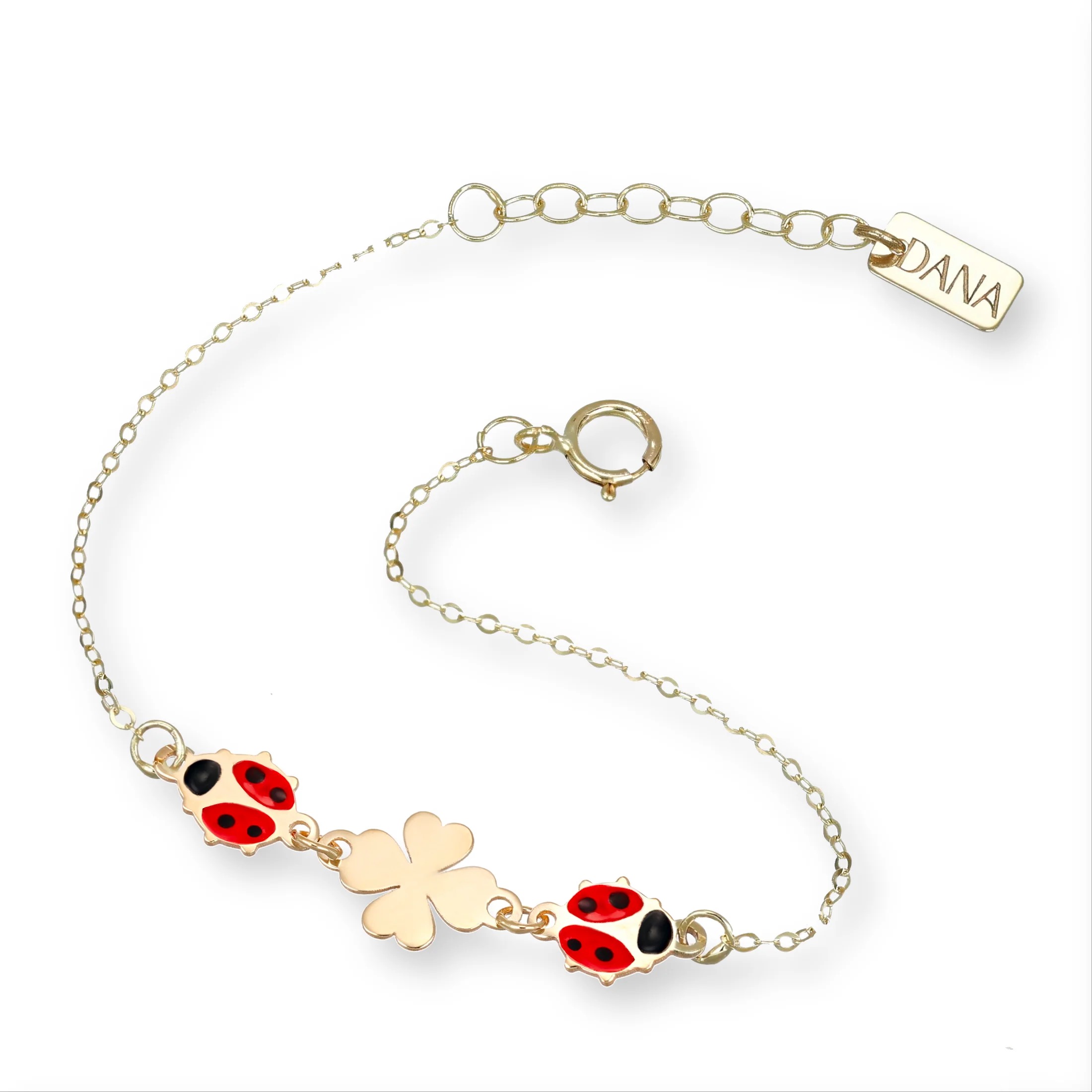 Bracciale Baby Dana quadrifoglio e coccinelle in oro 9 kt.