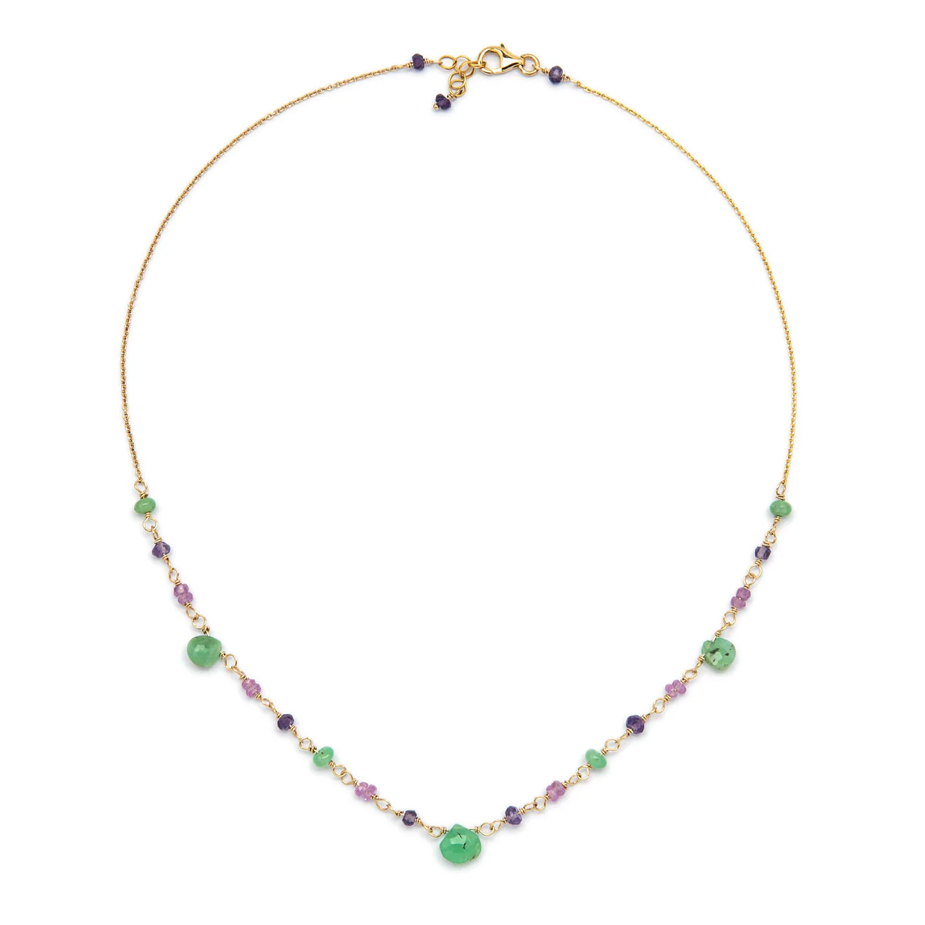 Collana a Girocollo Ishwara Frida con Crisoprasio, Ametiste e Zaffiri Rosa