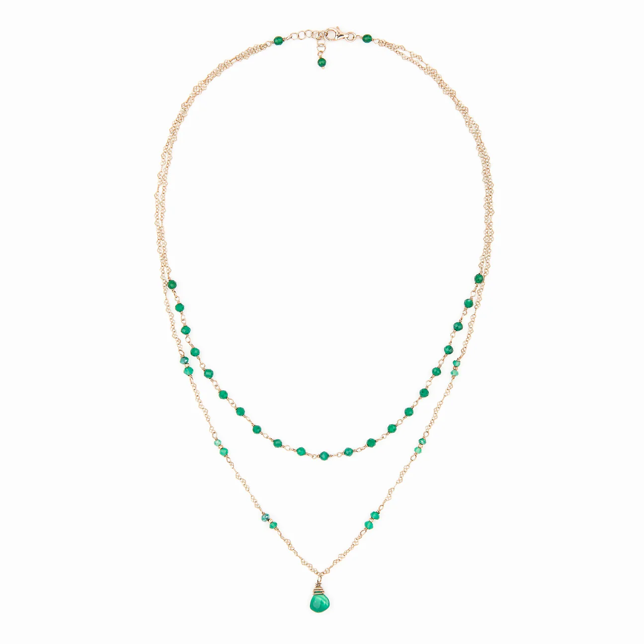 Collana Ishwara doppio filo con goccia in agata verde pendente