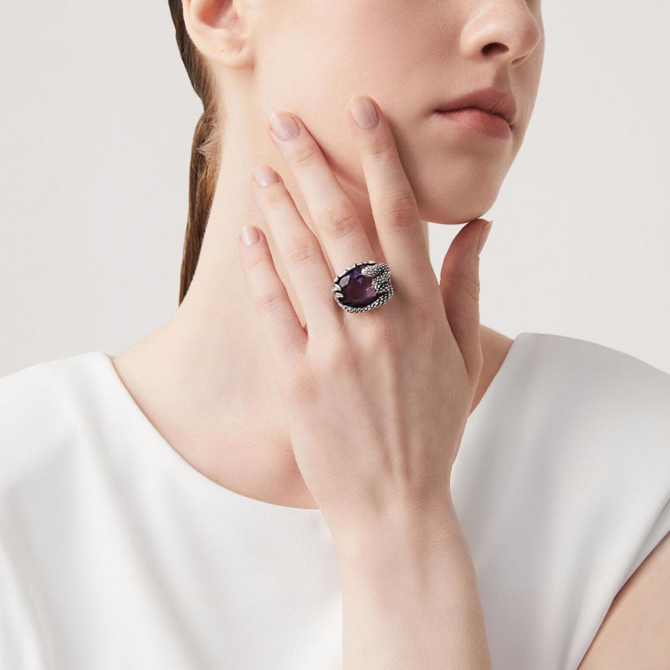 Anello Raspini serpente argento.925 quarzo ametista