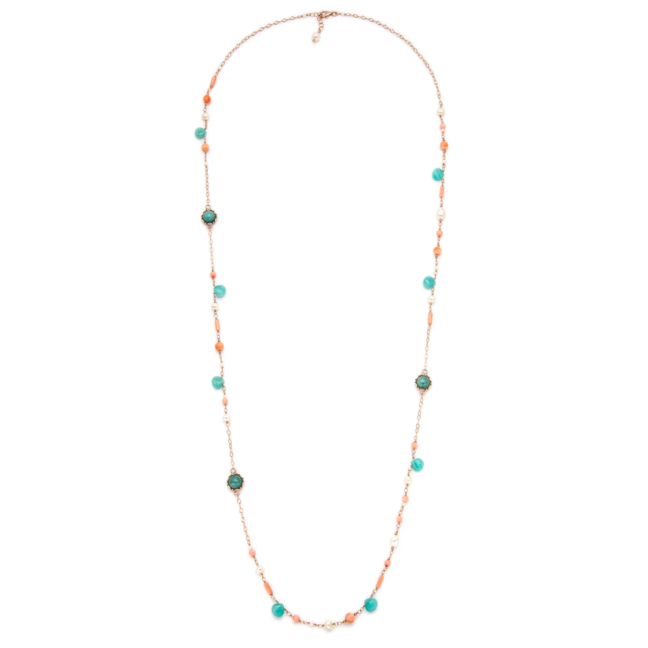 Collana Ishwara con Coralli Rosa, Amazzoniti e Perle Naturali