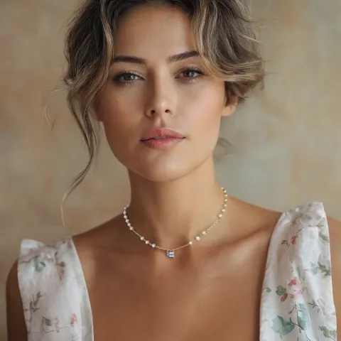 Collana Ishwara con Topazio azzurro taglio Smeraldo e perle naturali