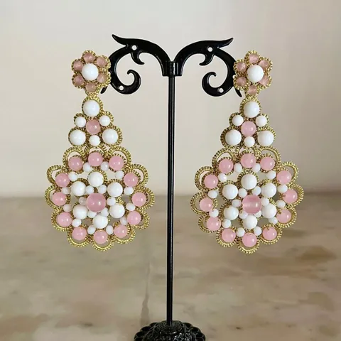 ORECCHINI IN PIZZO CHIACCHIERINO SICILIANO ORIGINALE QUARZO ROSA ED AGATA BIANCA