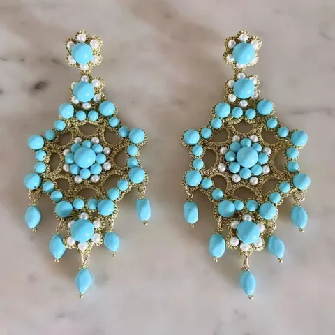 ORECCHINI IN PIZZO CHIACCHIERINO SICILIANO ORIGINALE PASTA DI TURCHESE E PERLE