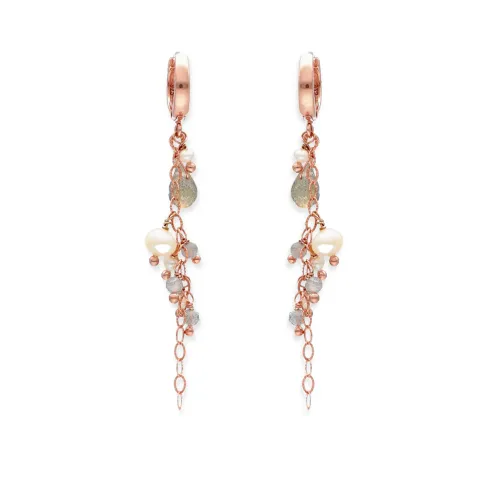 Orecchini Ishwara cerchi scattino con Labradorite, Pietre di Luna e Perle Naturali