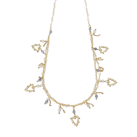 Collana Ishwara 3 cuori pendenti con Tanzaniti e Calcedoni