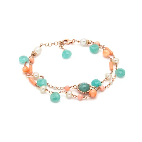 Bracciale Ishwara a due fili con Amazzonite, Corallo Rosa e Perle Naturali